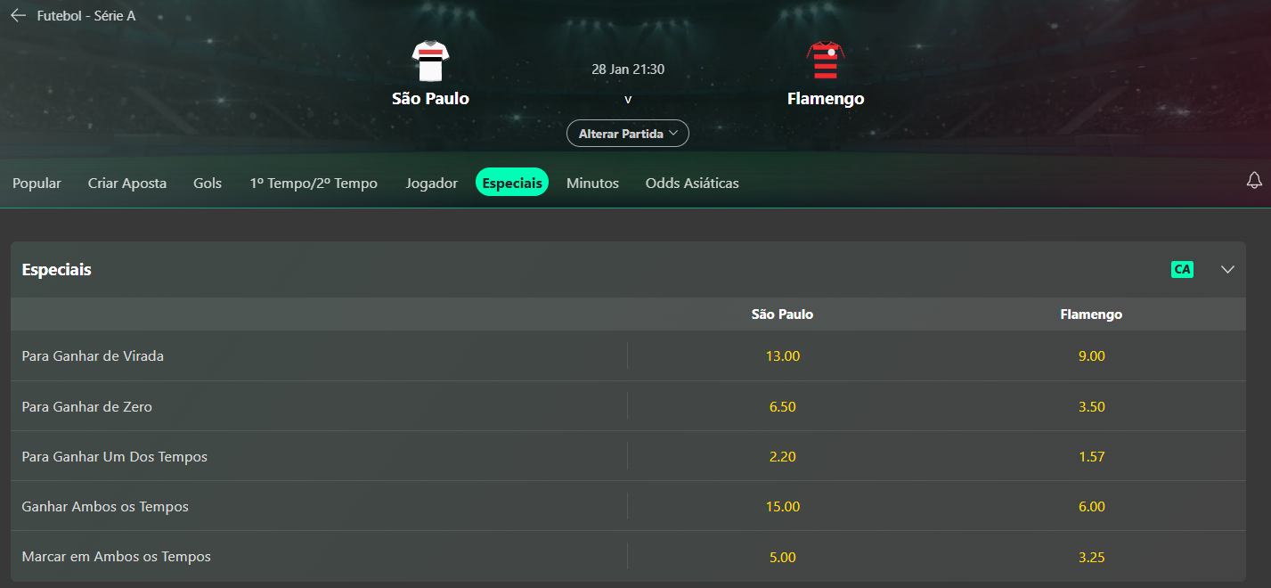 Mercado de apostas Flamengo especiais na bet365
