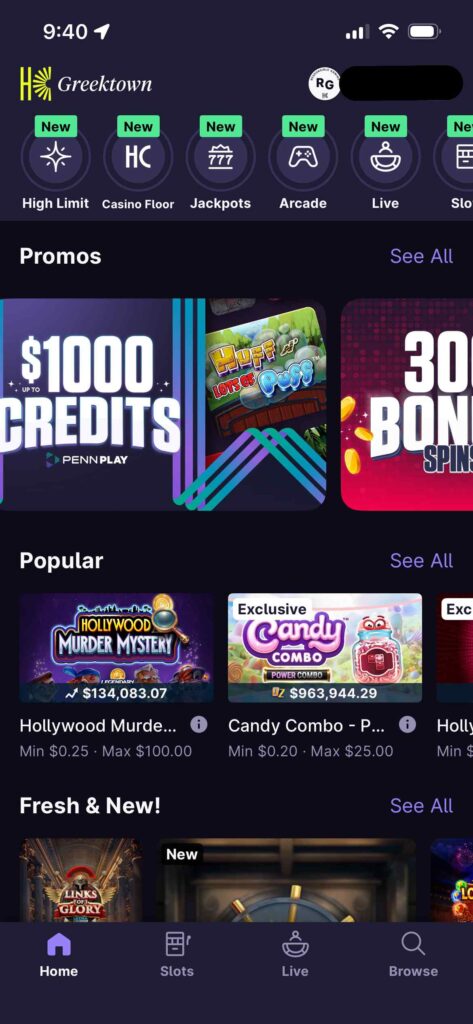 Hollywood Casino Home Screen