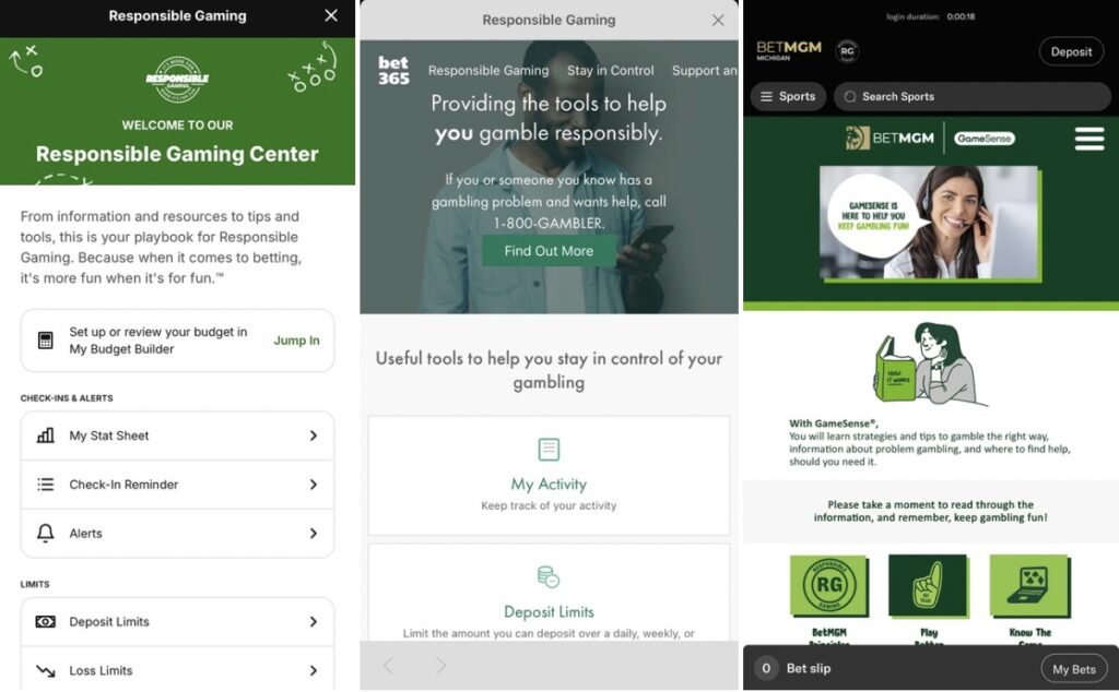 Responsible Gambling Screenshots from DraftKings, bet365 and BetMGM
