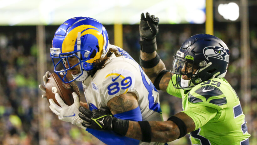 Los Angeles Rams tight end Tyler Higbee catching a TD pass against Seattle Seahawks safety Jamal Adams