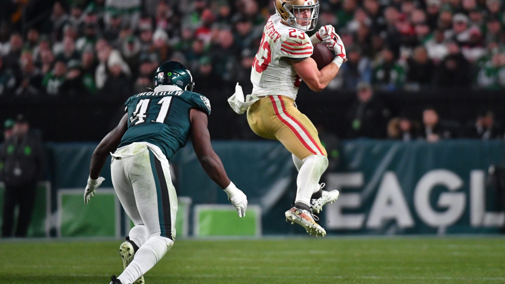 San Francisco 49ers running back Christian McCaffrey makes a catch against the Philadelphia Eagles