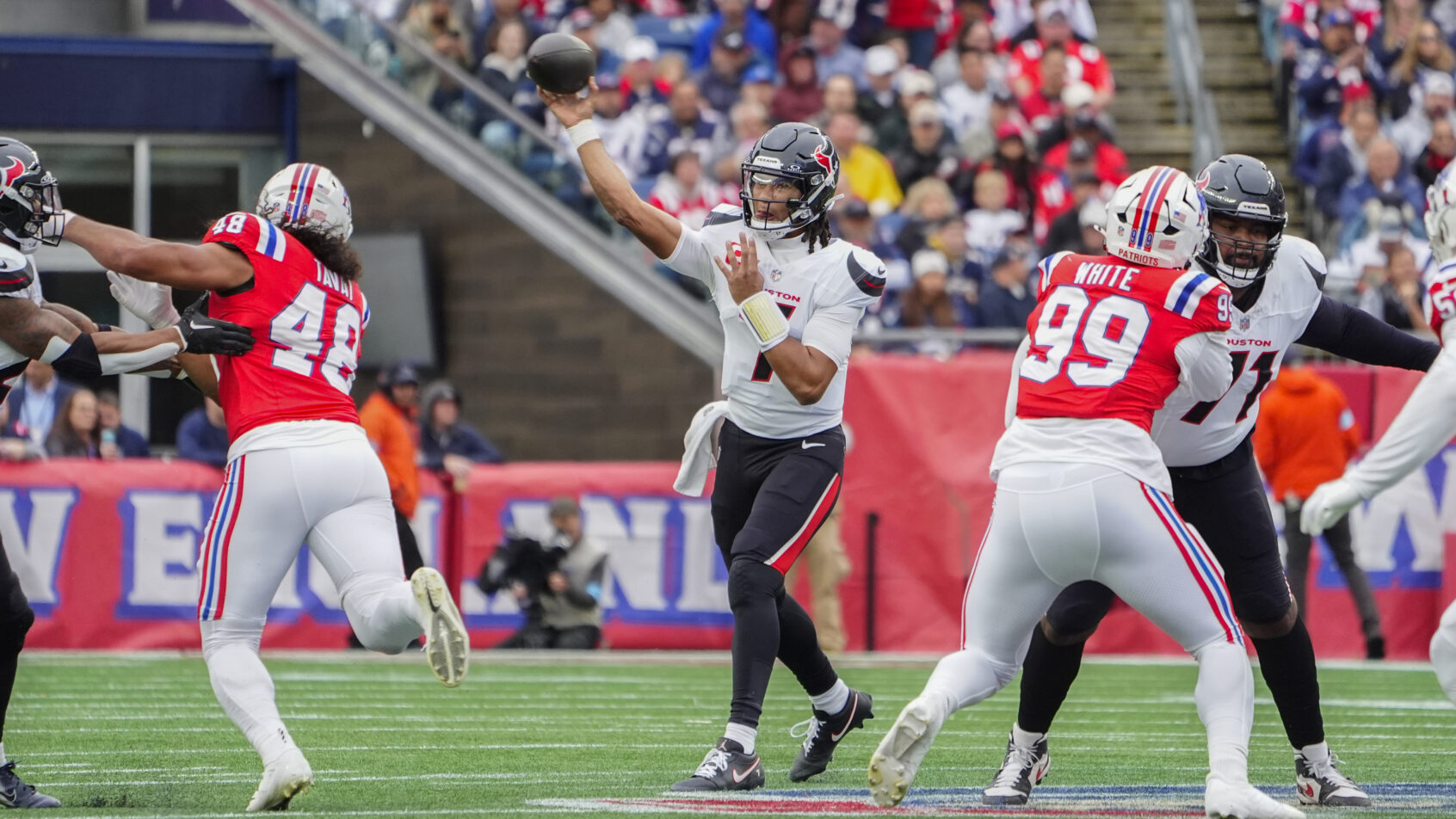 Houston Texans quarterback C.J. Stroud throwing a pass