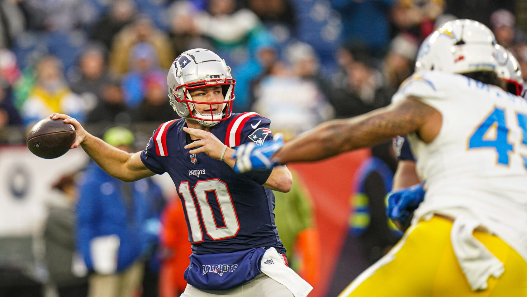New England Patriots quarterback Drake Maye throws a pass against the LA Chargers