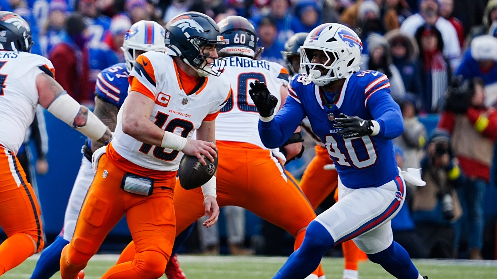 Buffalo Bills linebacker Von Miller chasing Denver Broncos quarterback Bo Nix