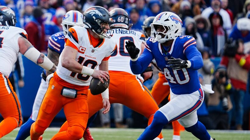 Buffalo Bills linebacker Von Miller chasing Denver Broncos quarterback Bo Nix