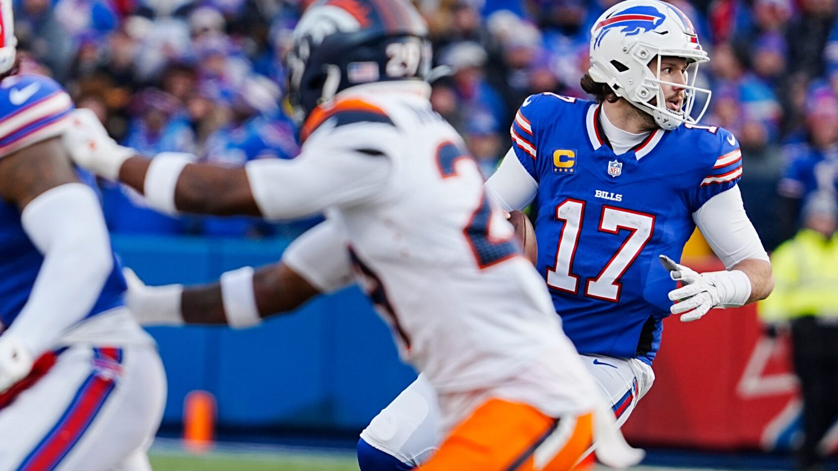 Buffalo Bills quarterback Josh Allen in the pocket against the Denver Broncos