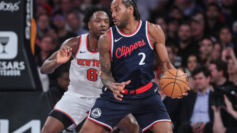 New York Knicks forward OG Anunoby guarding LA Clippers forward Kawhi Leonard