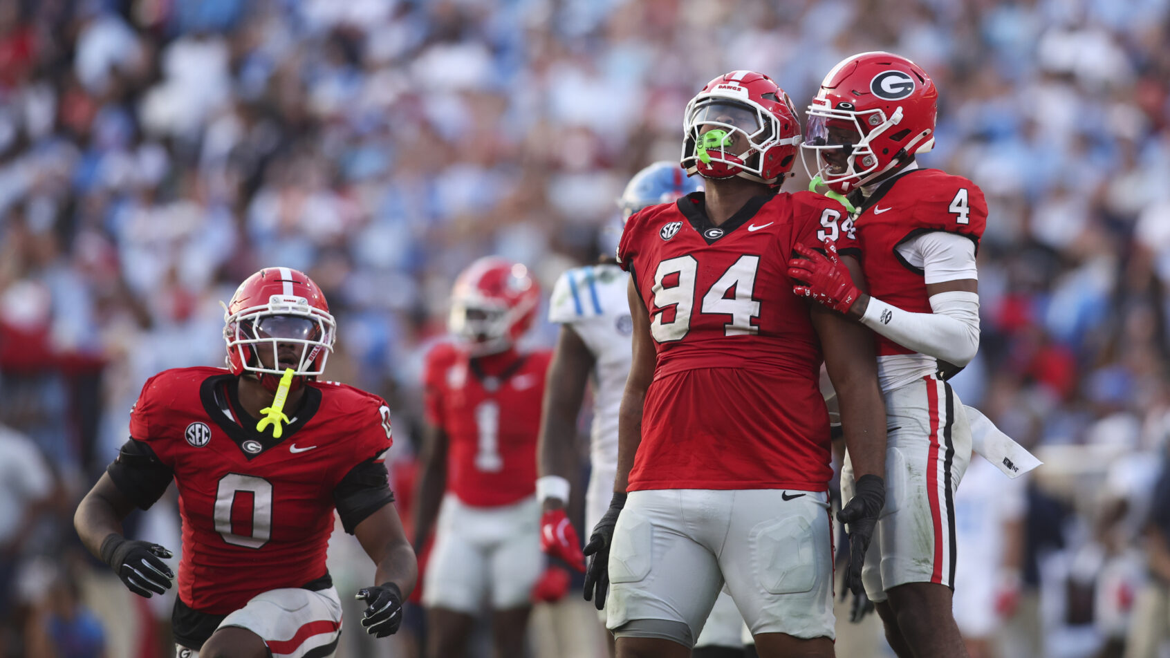 The Georgia defense reacts to a stop against Ole Miss.