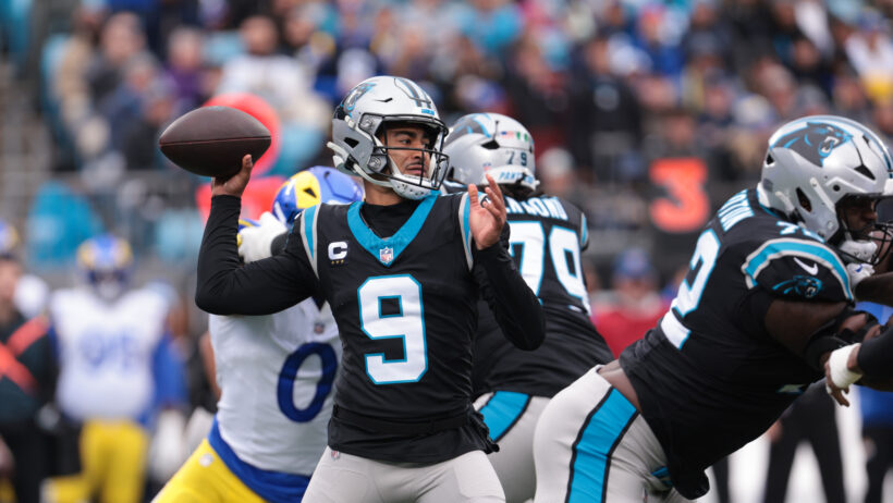 Carolina Panthers quarterback Bryce Young throwing a pass against the LA Rams