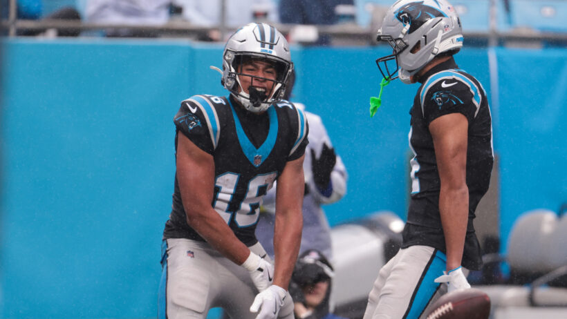 Jalen Coker celebrating after scoring a touchdown
