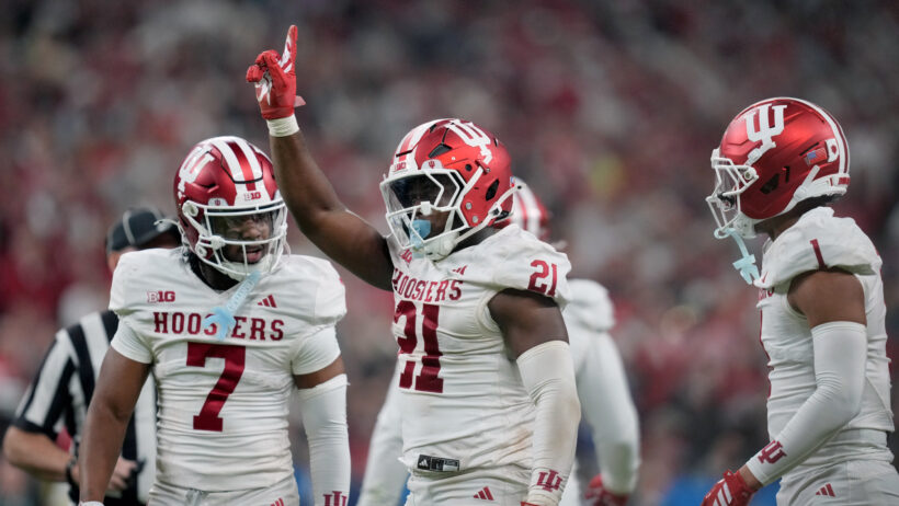 The Indiana Hoosiers defense reacts to a stop versus Ohio State.