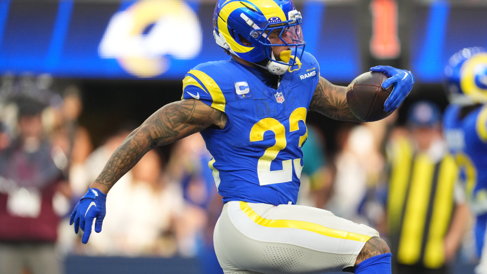 Kyren Williams scores a touchdown versus the Lions.