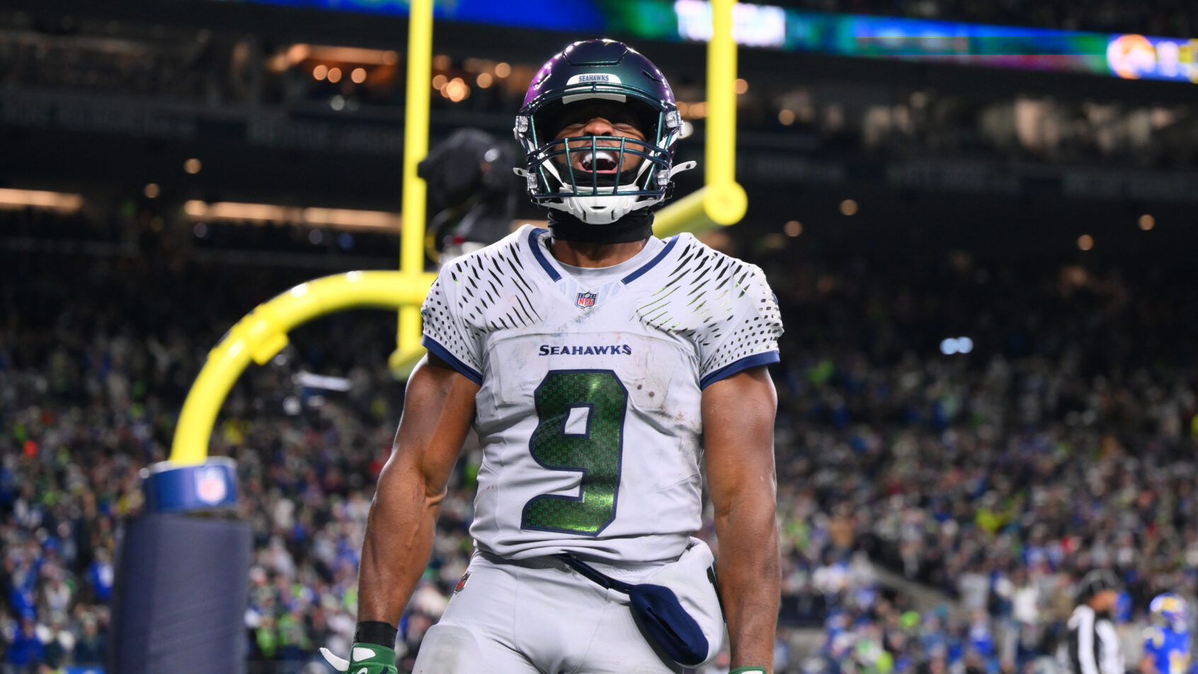 Seattle Seahawks running back Kenneth Walker III celebrates a TD