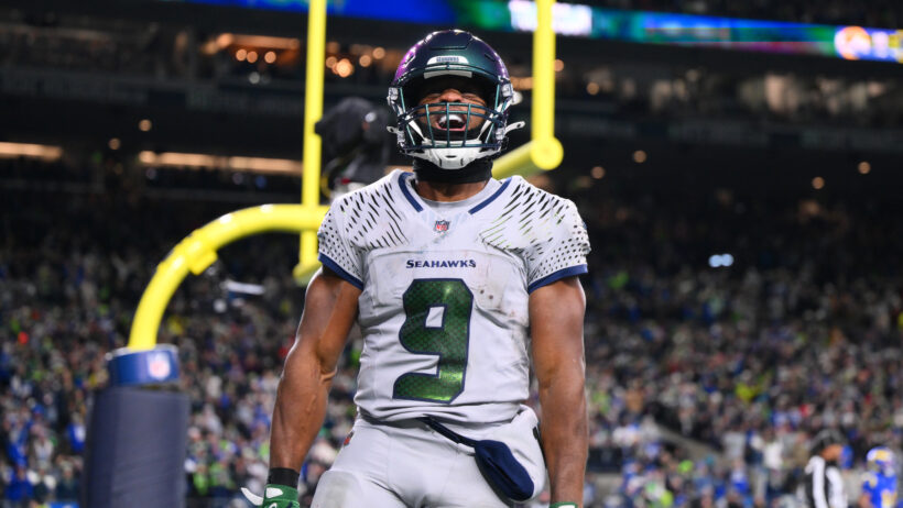 Seattle Seahawks running back Kenneth Walker III celebrates a TD