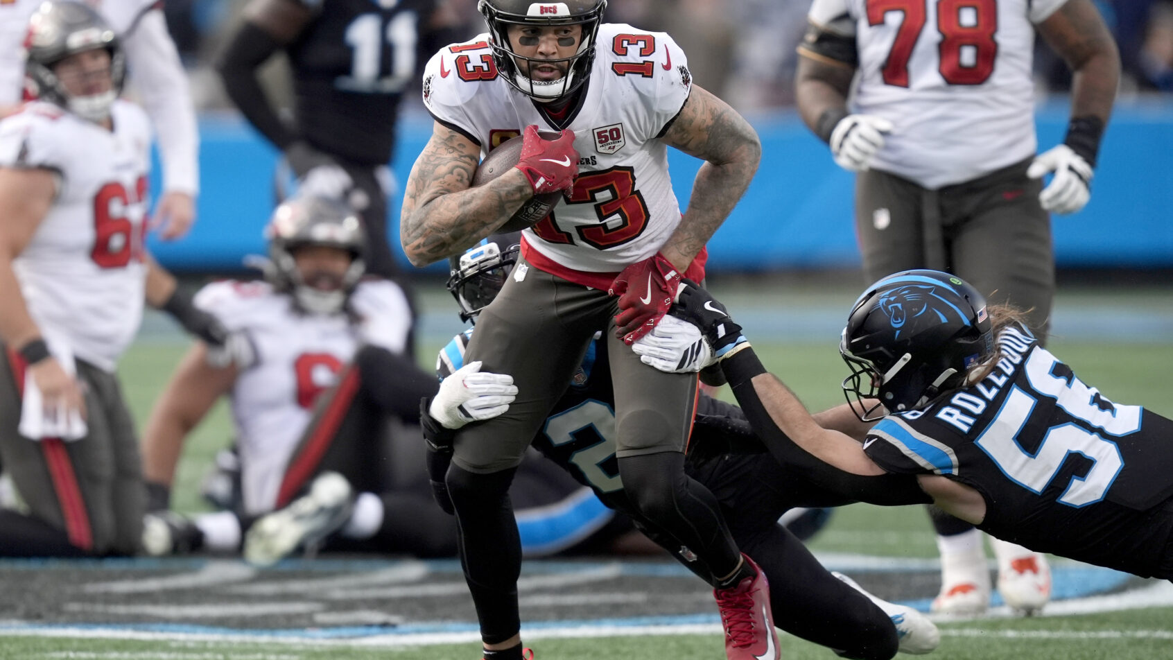 Tampa Bay Buccaneers wide receiver Mike Evans runs with the ball against the Carolina Panthers