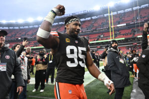 Myles Garrett celebrates a Browns win over the Steelers.