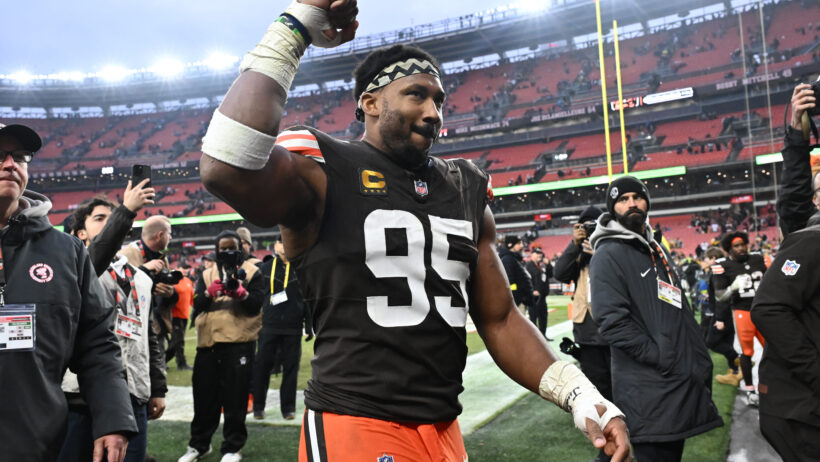 Myles Garrett celebrates a Browns win over the Steelers.