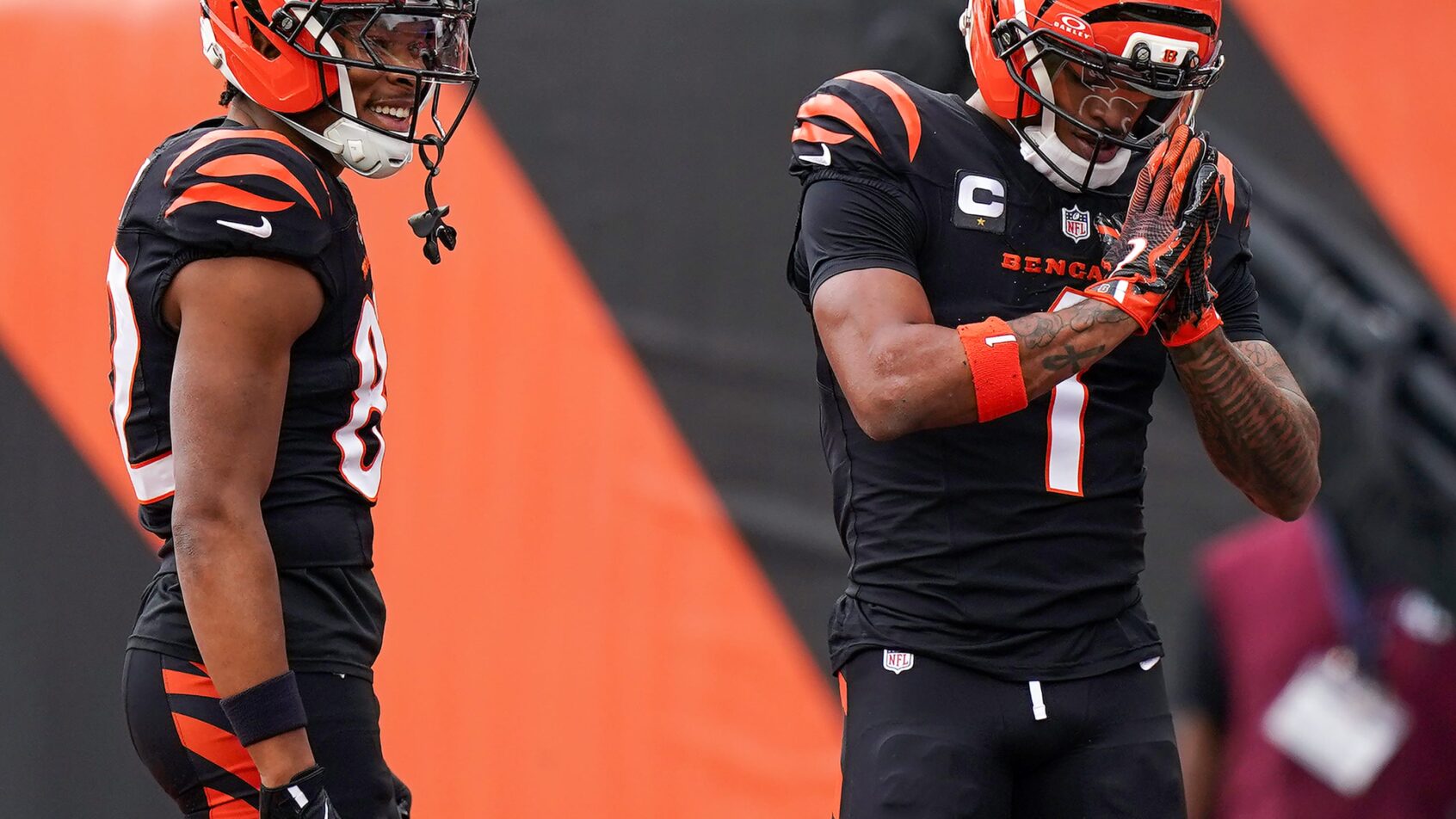 Ja'Marr Chase celebrates a touchdown versus the Cardinals.
