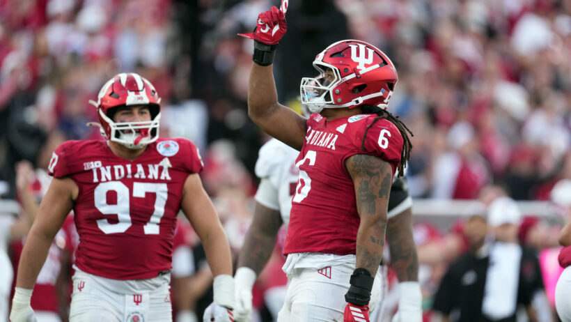 Indiana's defense celebrates a stop versus Alabama in the Rose Bowl.