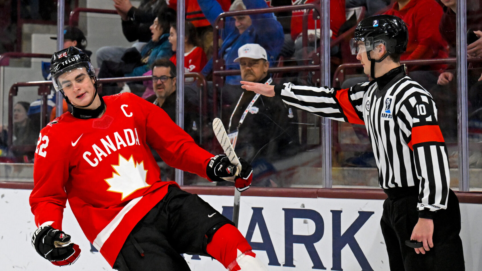 Porter Martone celebrates a goal versus Slovakia.