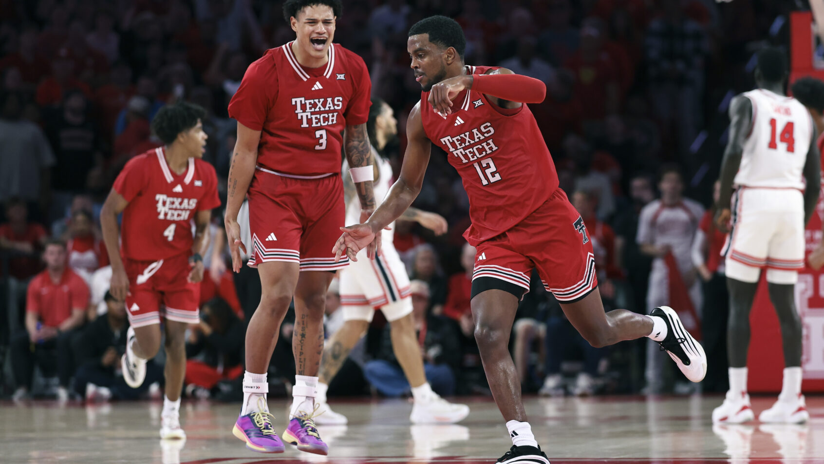Texas Tech's Donovan Atwell celebrates a bucket vs Houston.