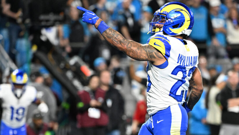 Kyren Williams celebrates a touchdown versus Carolina in the Wild Card Round.