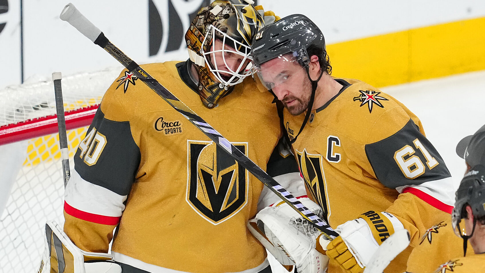 Mark Stone celebrates a Vegas win over the Blues.