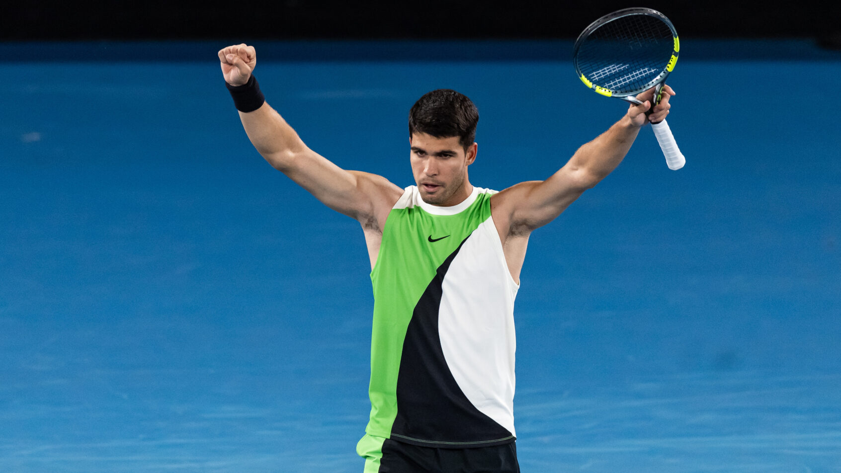 Carlos Alcaraz celebrates a 1st Round at the Australian Open.