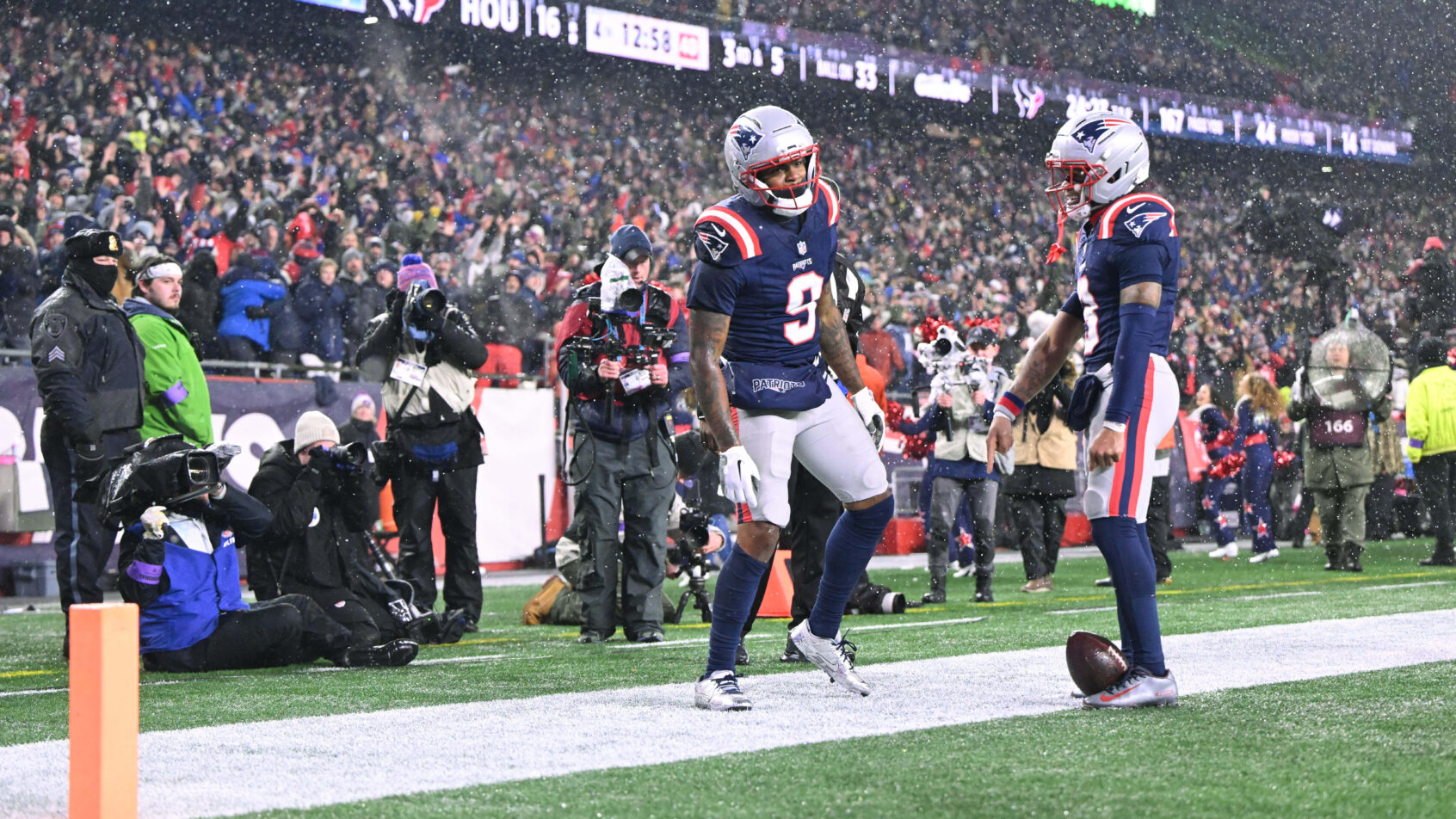 New England Patriots wide receiver Kayshon Boutte celebrates a TD