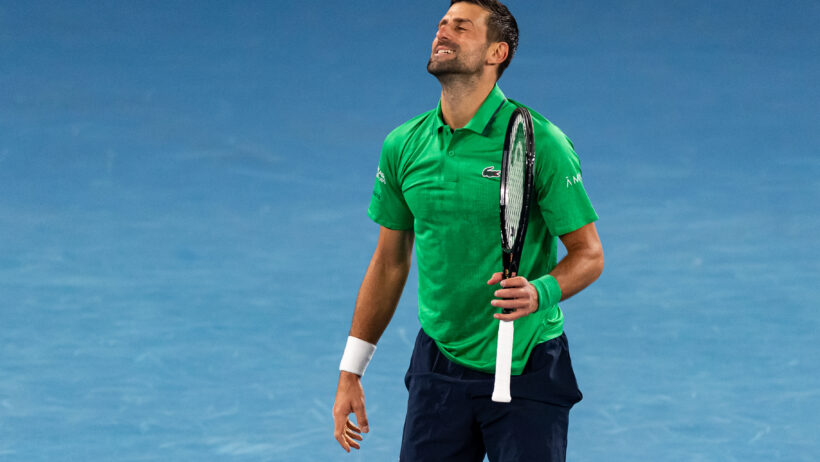 Novak Djokovic exhales after a point in the First Round of the Australian Open.