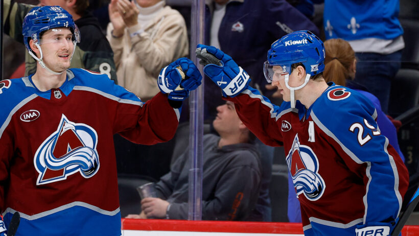 Nathan MacKinnon and Martin Necas celebrate a Colorado goal.