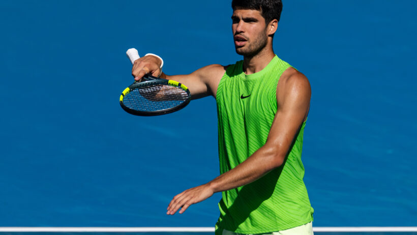 Carlos Alcaraz in action during his Fourth Round matchup vs Tommy Paul at the Australian Open.