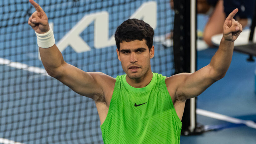 Carlos Alcaraz celebrates his semifinal win at the Australian Open.