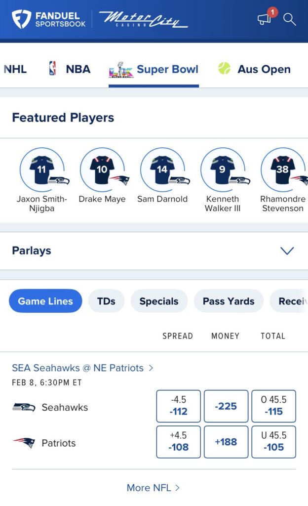 how to bet on Super Bowl 60. FanDuel screenshot of Super Bowl LX betting markets.
