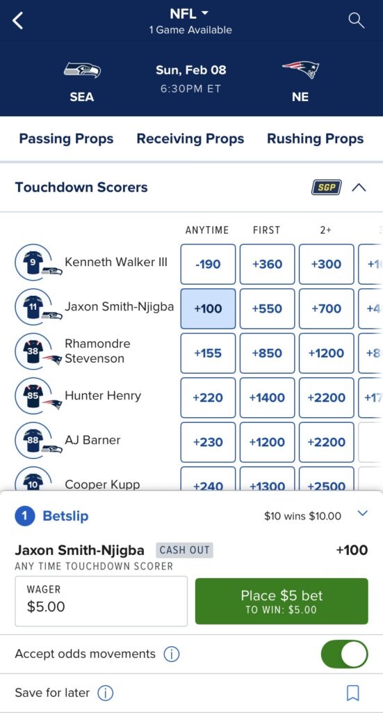 How to bet on Super Bowl 60. Anytime TD scorers with bet placed into betslip and $5 wager made.