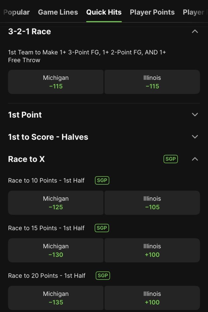 DraftKings team prop menu for Michigan vs. Illinois