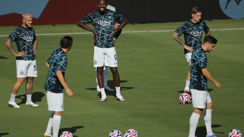 Inter Milan's Marcus Thuram warming up with teammates