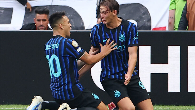Inter Milan midfielder Petar Sucic and forward Lautaro Martinez celebrate a goal
