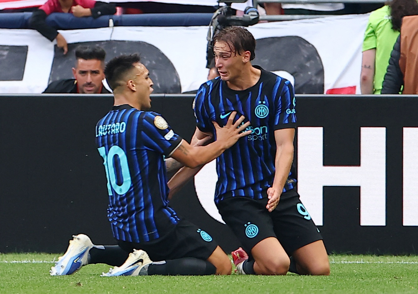 Inter Milan midfielder Petar Sucic and forward Lautaro Martinez celebrate a goal