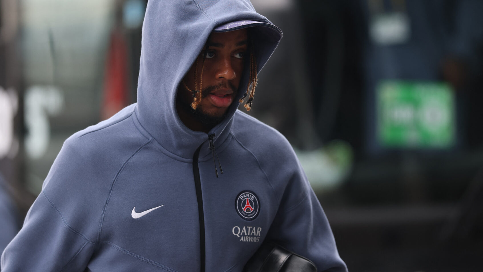 Paris Saint-Germain forward Bradley Barcola warming up