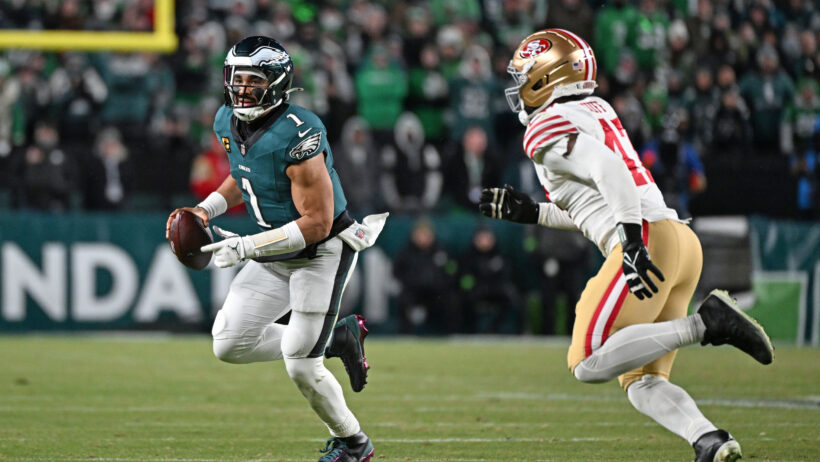 Philadelphia Eagles quarterback Jalen Hurts scrambling