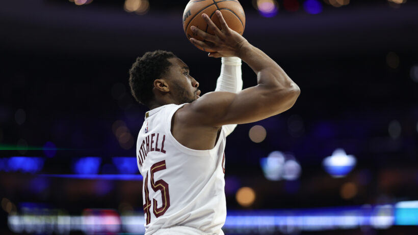 Donovan Mitchell rises up for a shot against the 76ers in Philadelphia.