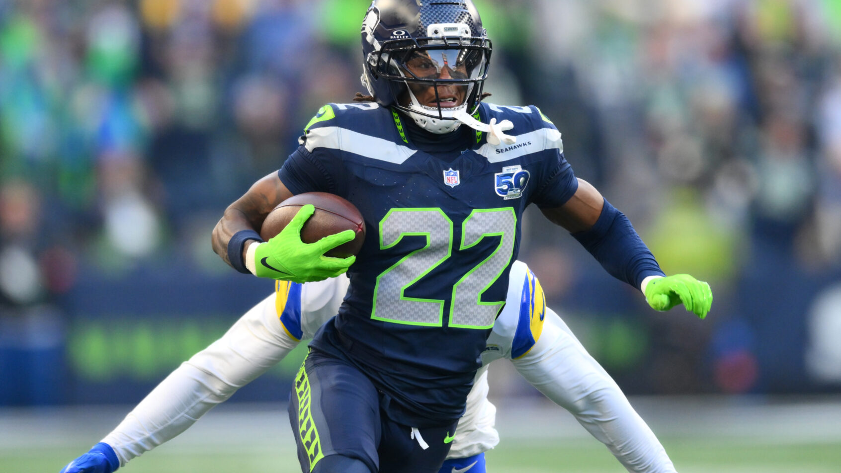Seattle Seahawks wide receiver Rashid Shaheed running with the ball