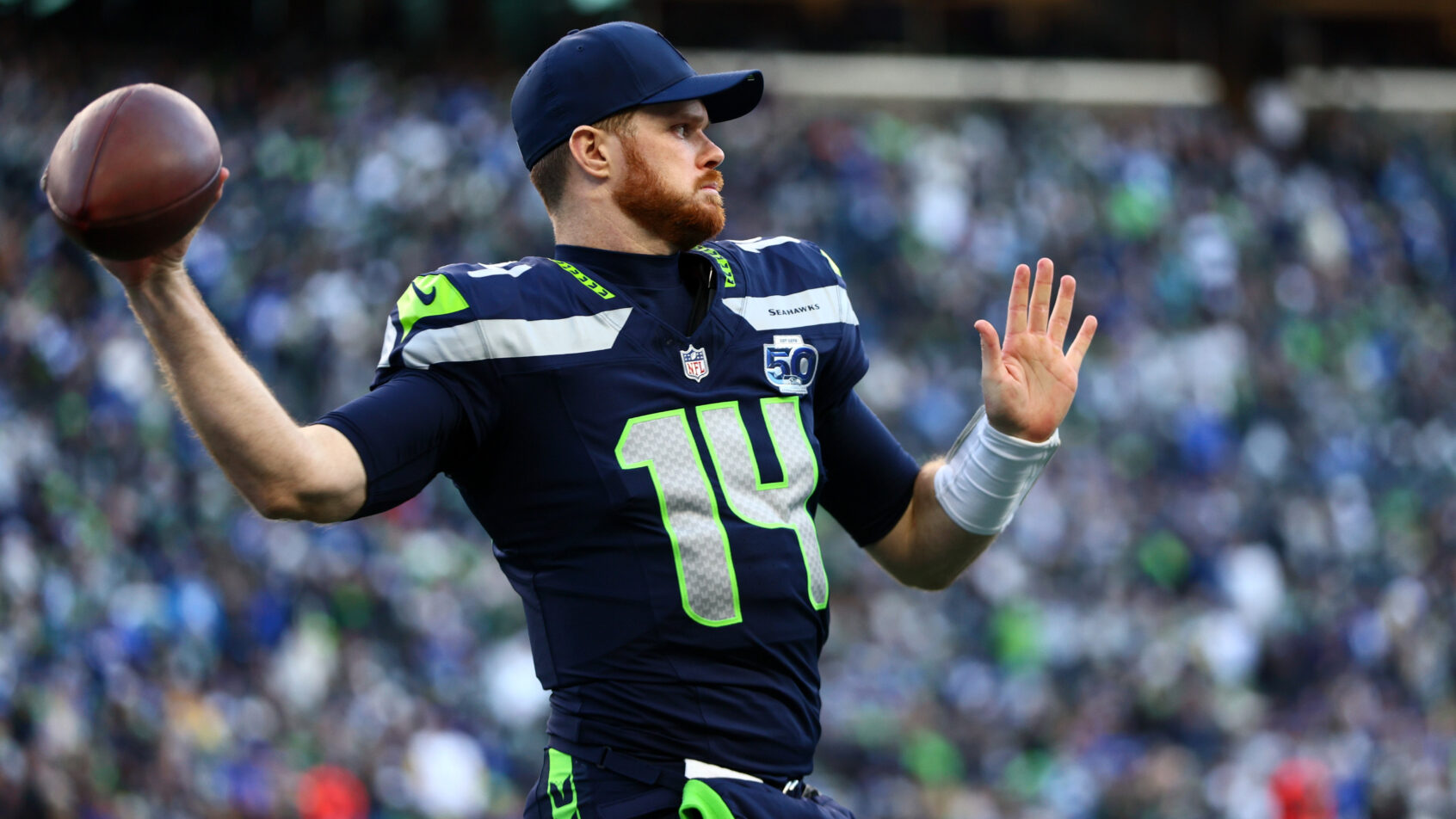Seattle Seahawks quarterback Sam Darnold warming up
