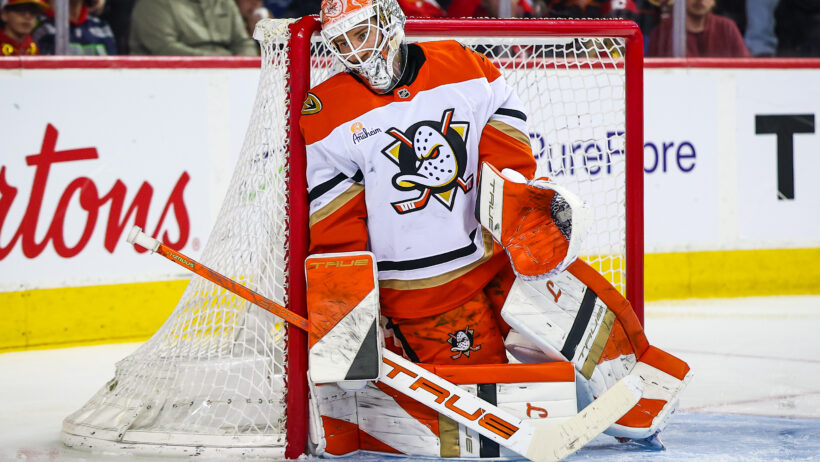 Lukas Dostal hugs the post in a game versus the Flames.