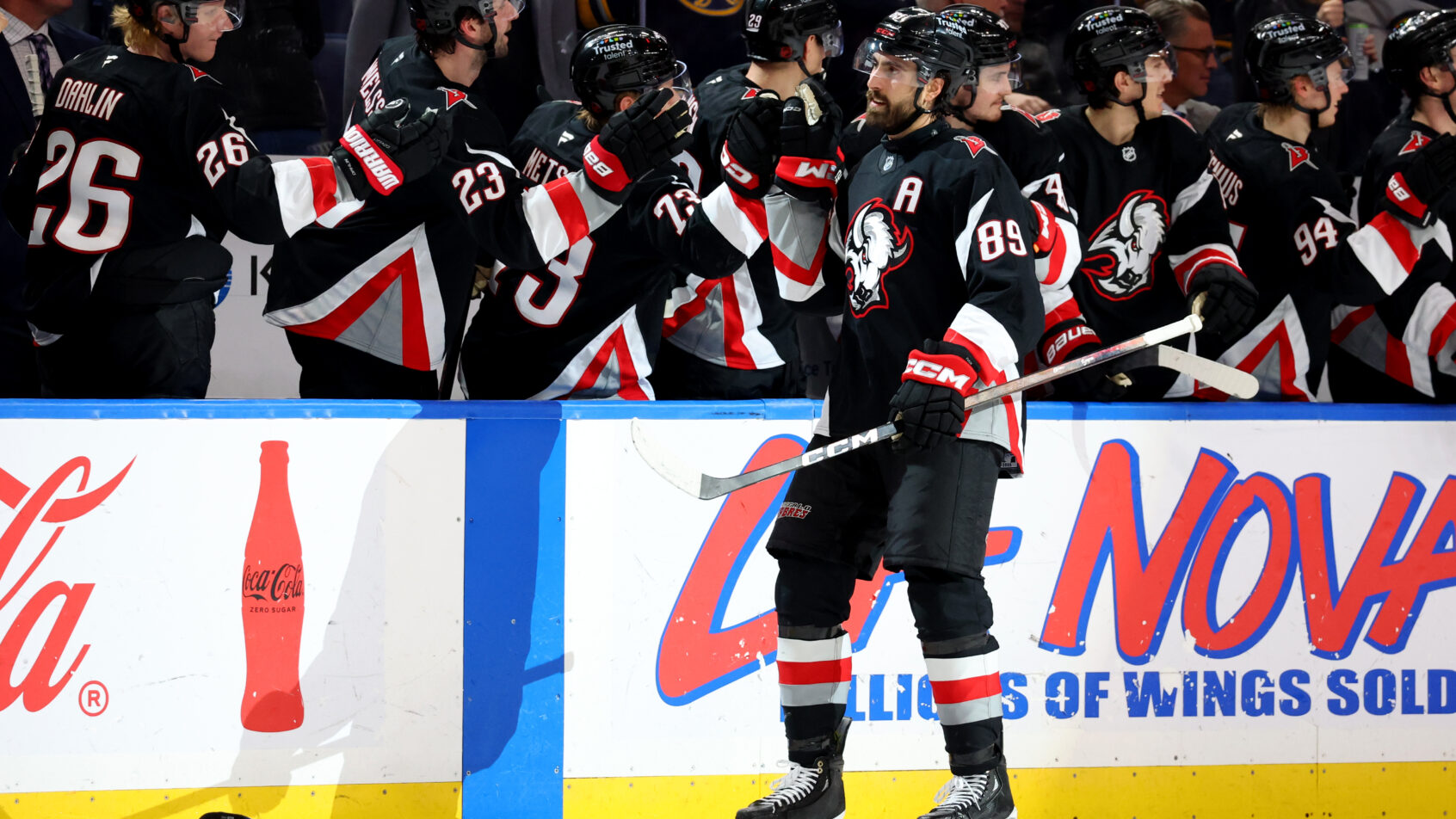 Buffalo Sabres winger Alex Tuch (89)celebrates his third goal of the game.