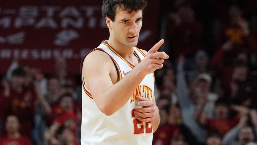 Iowa State Cyclones forward Milan Momcilovic pointing