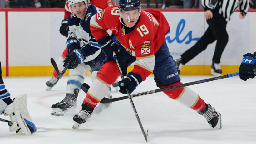 Matthew Tkachuk controls the puck versus the Jets.