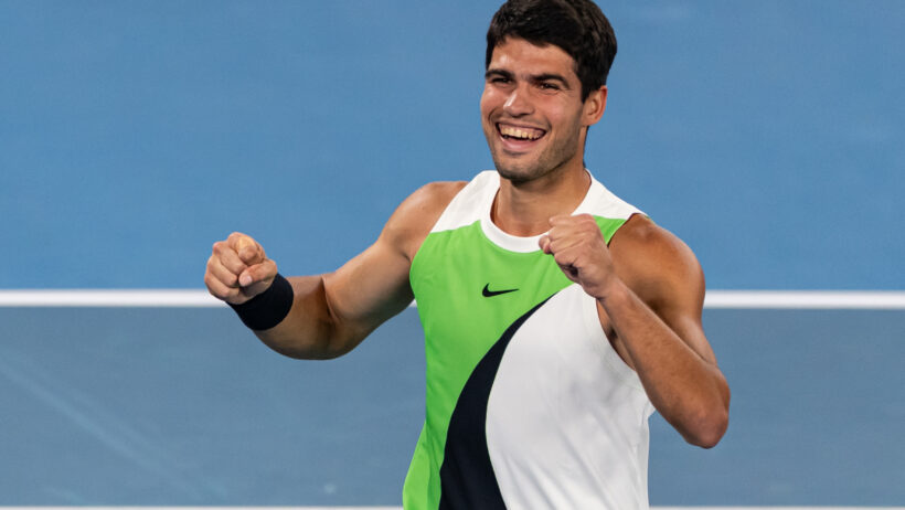Carlos Alcaraz of Spain celebrating a win