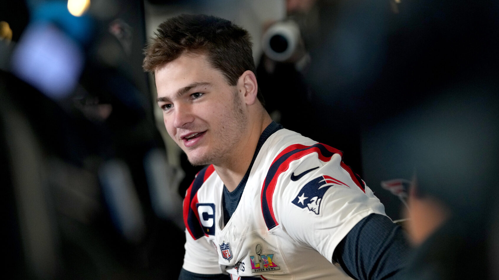 Drake Maye at Super Bowl media day